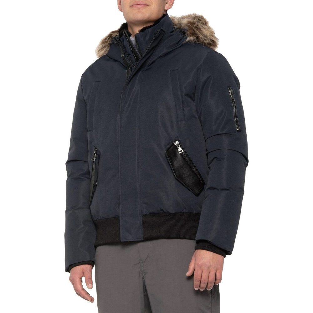 NEW! $399 Point Zero Oxford Taslan Down Jacket!  Small  Navy Faux Fur Trim Hood